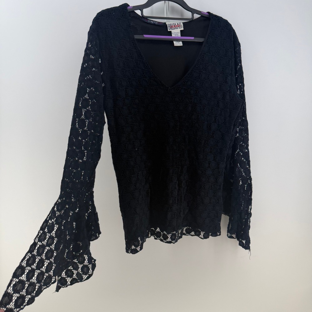 Bill Blass Jeans Lace Top Women XL Black Navy Bell Sleeve Whimsigoth Goth Y2K